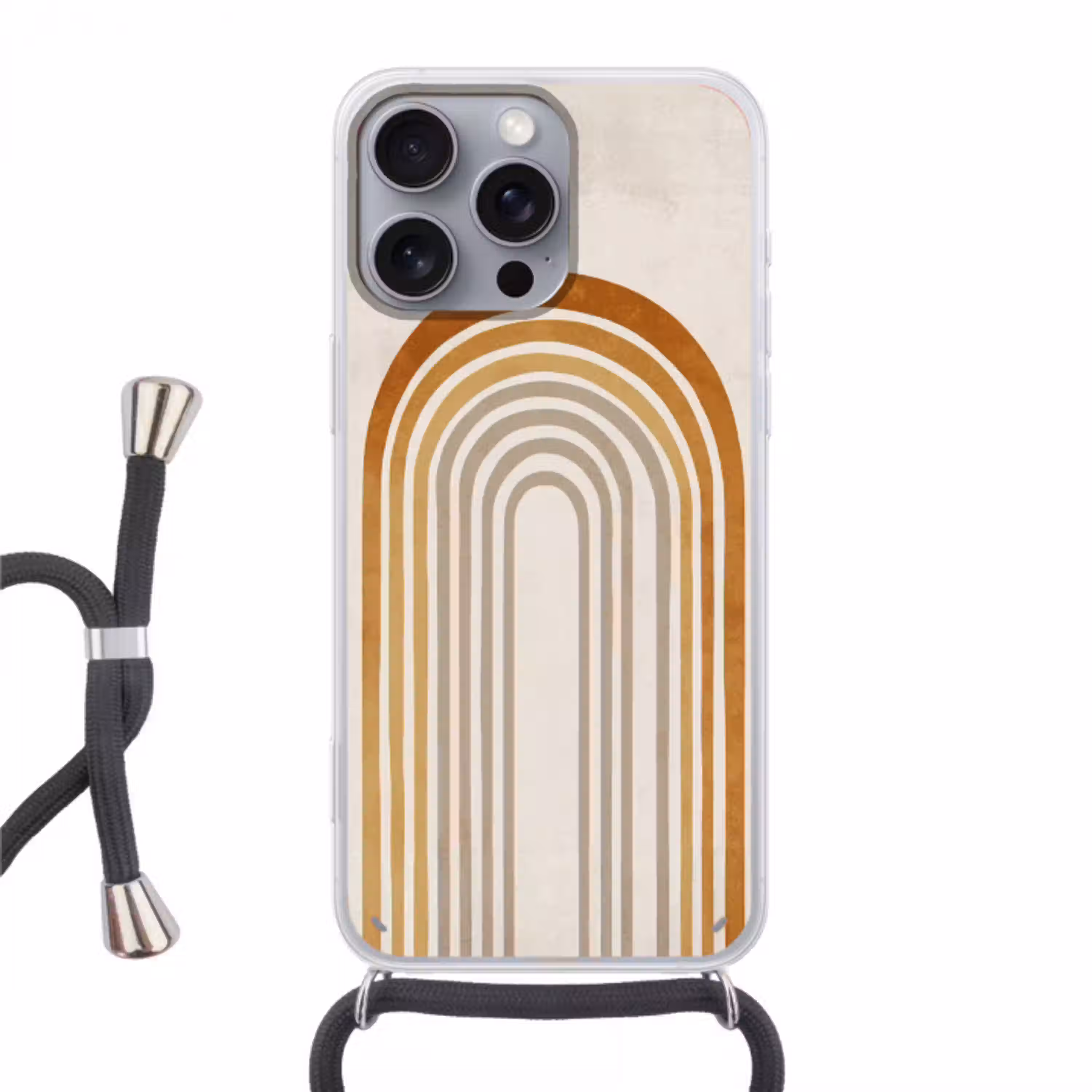 Minimalistisch - Boog - Lijnen - Beige Hoesje iPhone 16 Pro Max met koord klein -3d