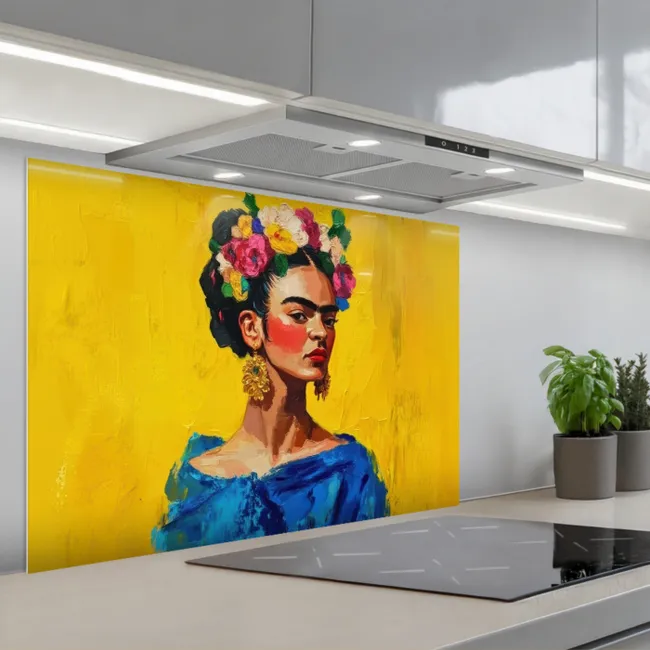 Spritzschutz Küche - Frida Kahlo - Frau - Gelb - Blau - Blumen