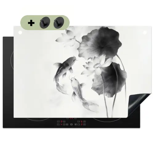 Lotusbloemen - Vissen - Bladeren - Zwart Inductie beschemer met haakjes klein -3d