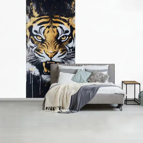 Tijger - Verfspatten - Goud fotobehang vinyl groot -slaapkamer