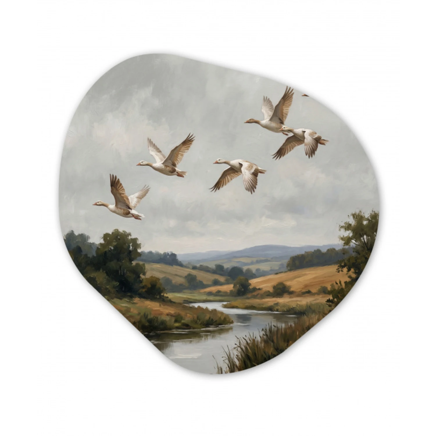 Eenden - Rivier - Landschap - Vlucht - Nostalgisch Wandcirkel Organisch Aluminium middel -3d