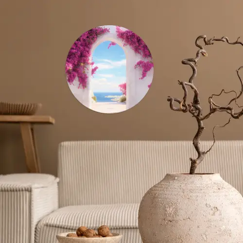 Zee - Roze - Bloemen - Poort Wandcirkel behangsticker klein -sfeer1