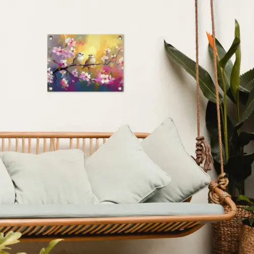 Vogels - Bloemen - Roze tuinposter los doek klein -sfeer7