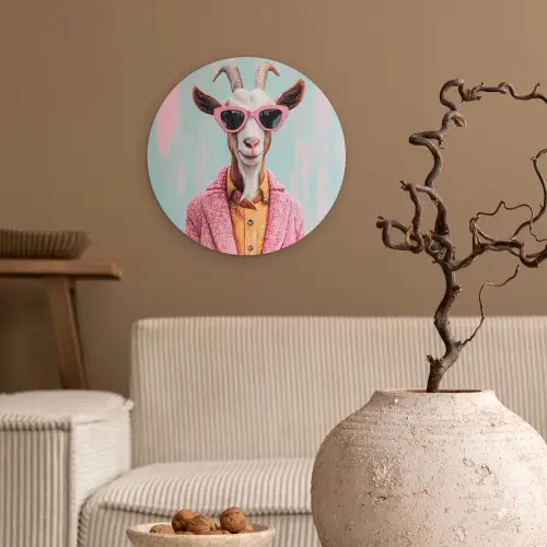 Zonnebril - Roze - Geit - Horen Wandcirkel kunststof plaat 5mm dik klein -sfeer1