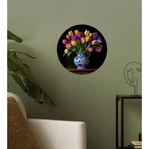 Tulpen - Kleuren - Hout - Vaas Wandcirkel behangsticker klein -sfeer2