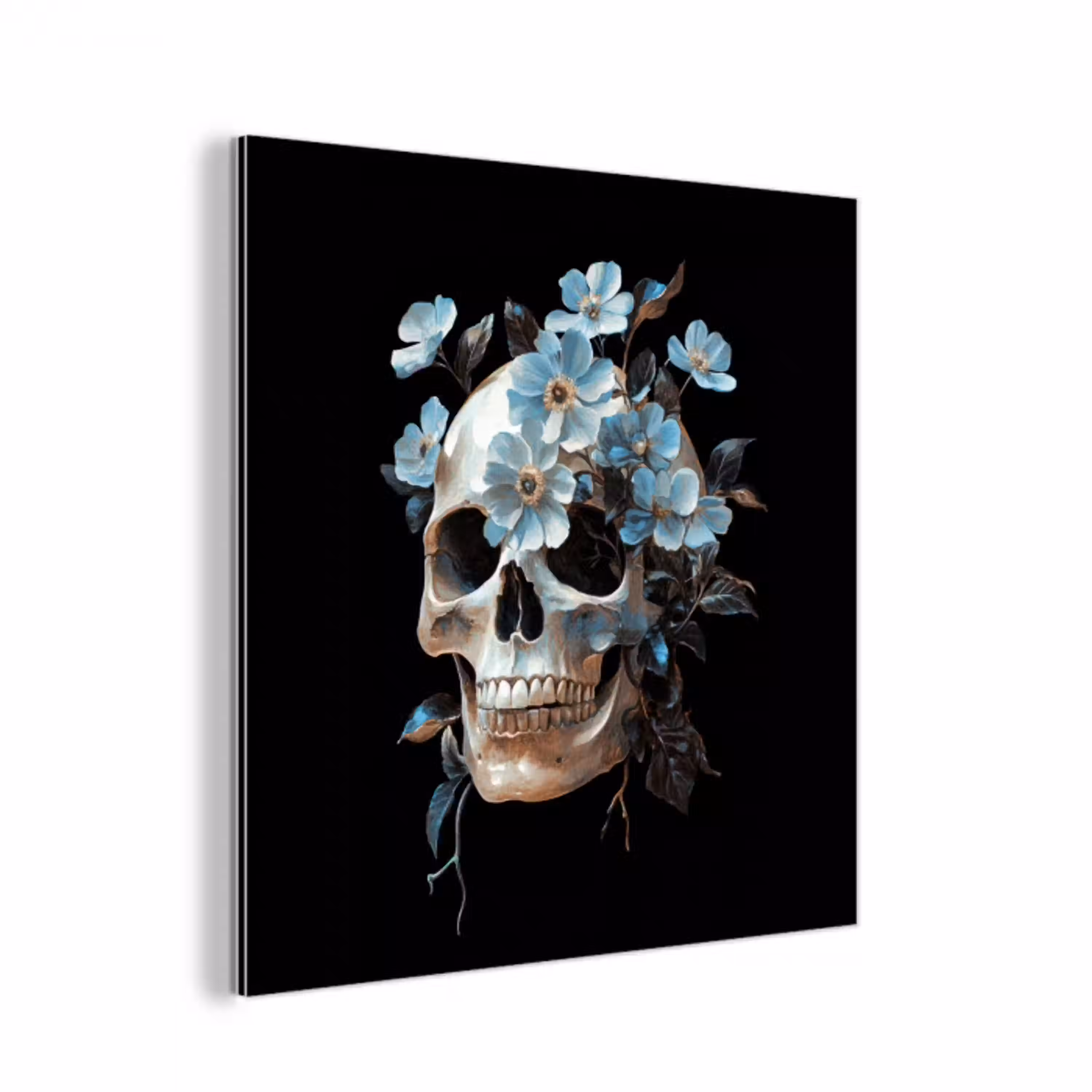 Schedel - Blauw - Bloemen - Bladeren aluminium wit klein -3d
