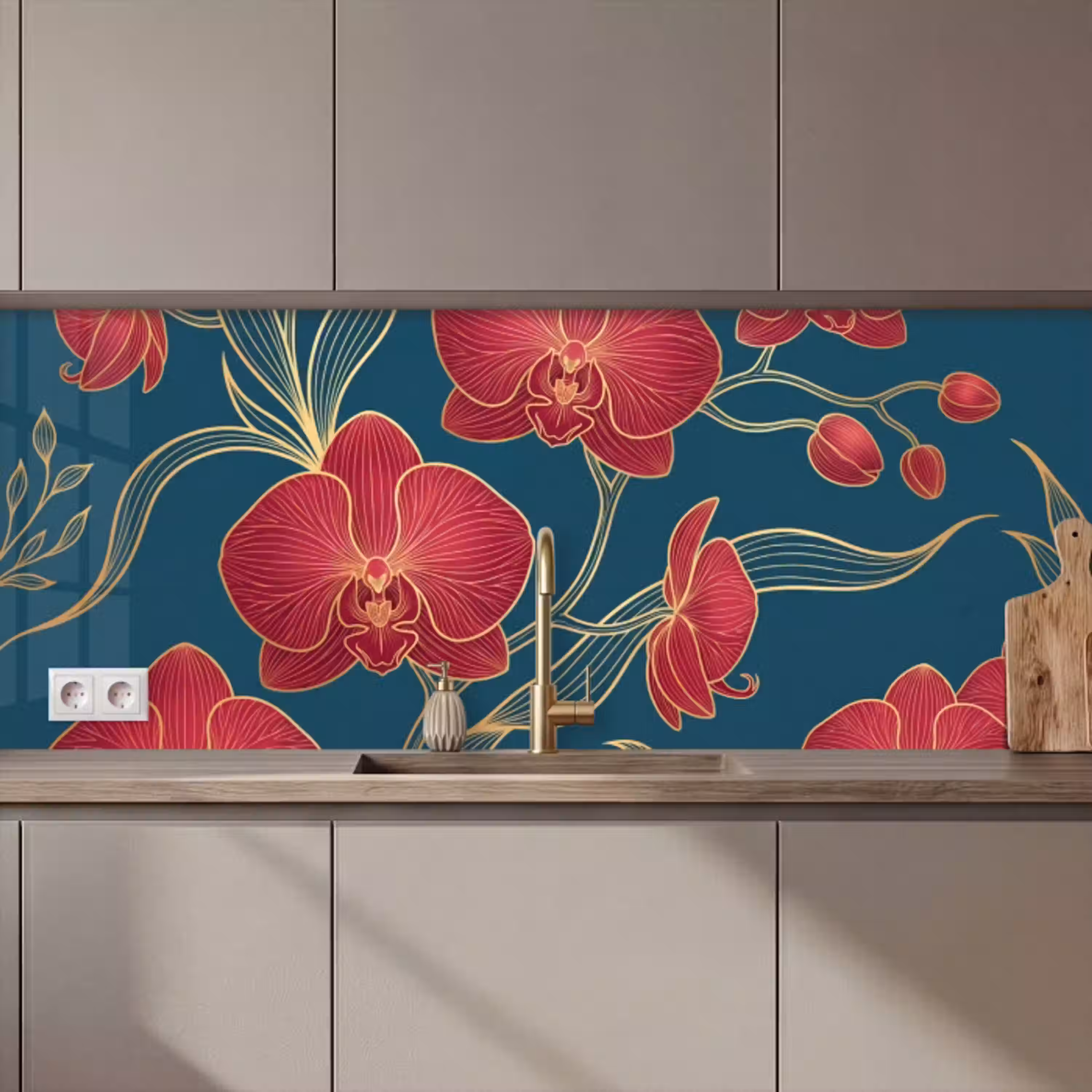 Bloemen - Rood - Goud keuken achterwand 2 middel zz_3dshopping