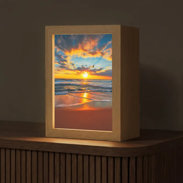 Zee - Zonsondergang - Strand - Wolken - Oranje Light Box met kabel (Tafellamp) klein -z3d_website