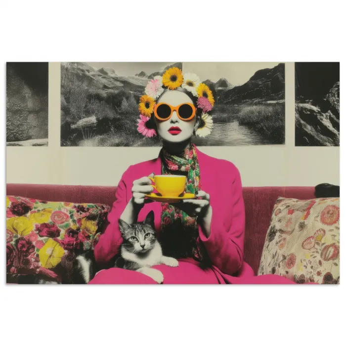 Vrouw - Kat - Bloemen - Kopje - Retro poster papier klein -3d