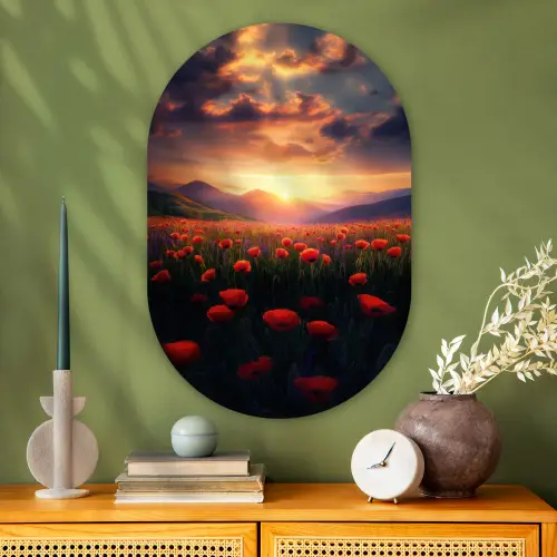 Landschap - Zonsondergang - Bloemenveld Wandcirkel Ovaal Glas middel -sfeer2