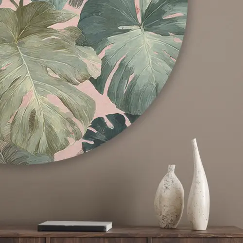 Compositie van bladeren - Groen - Roze Akoestische PET Vilt - Rond klein -sfeer5_closeup