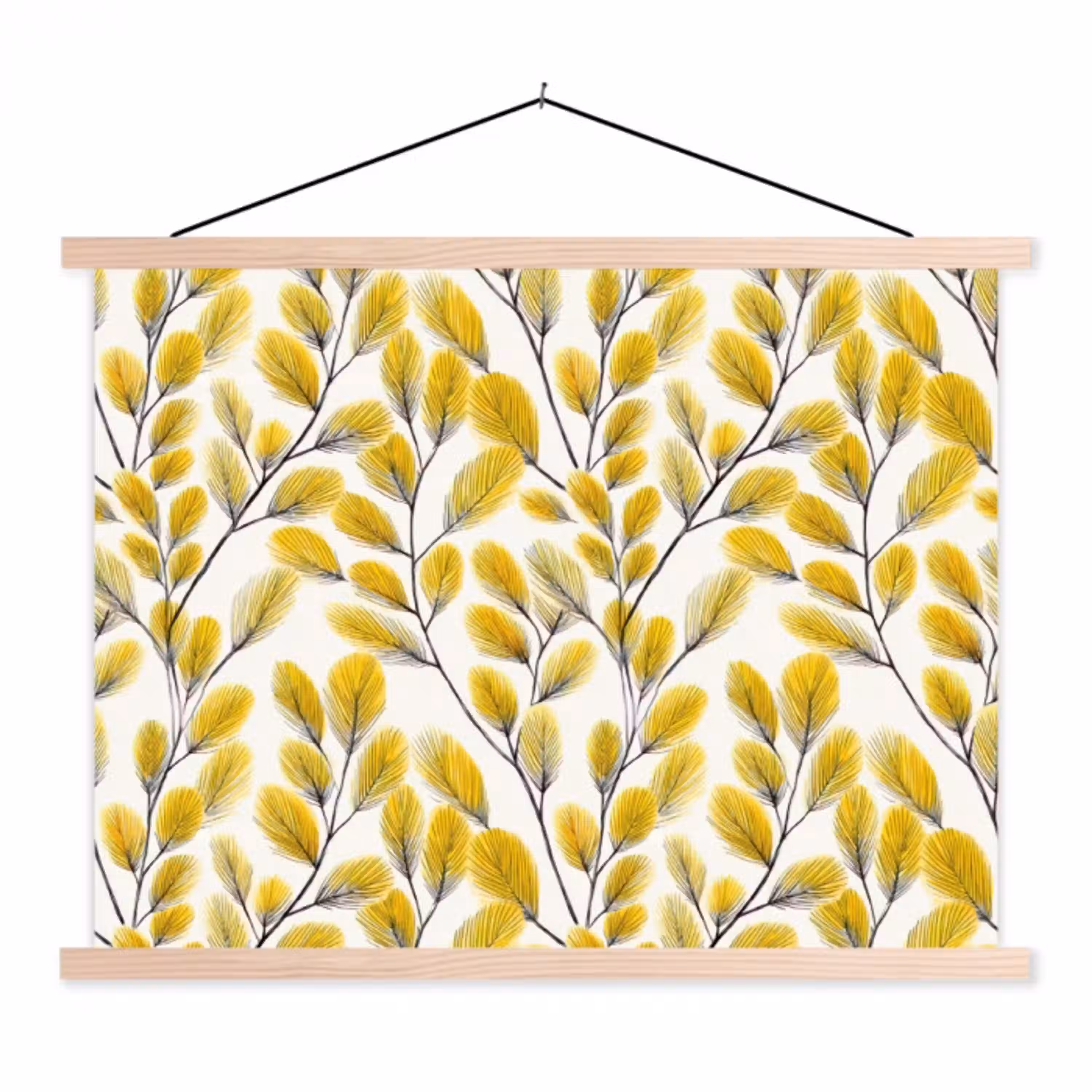 Bladeren - Botanisch - Elegant - Geel - Zwart textielposter latten blank klein 122 -3d