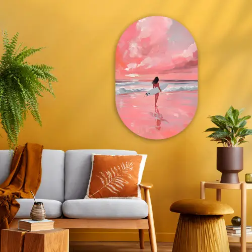Roze - Surfen - Zee Wandcirkel Ovaal Glas middel -sfeer4