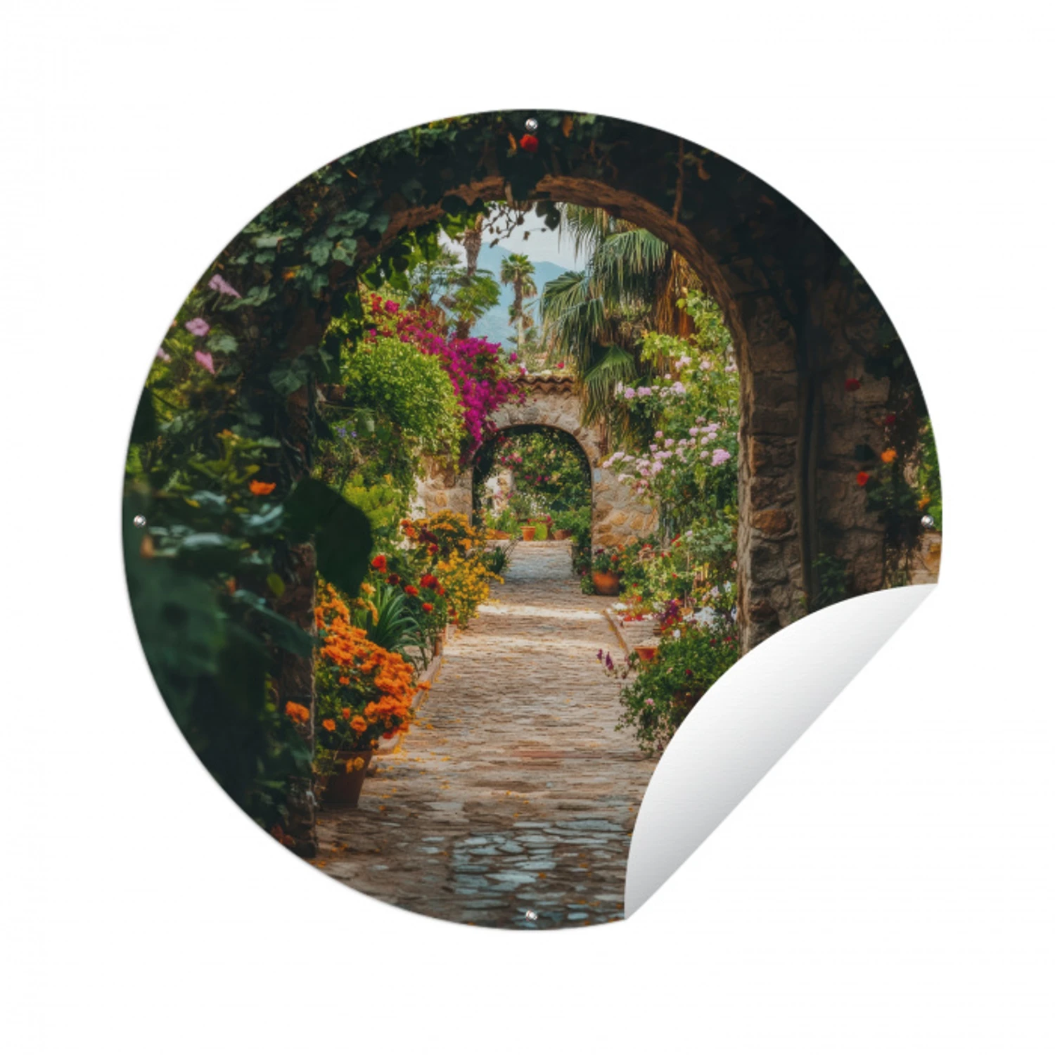 Doorkijk - Bloemen - Poort - Stenen Wandcirkel tuinposter met ringen klein -3d