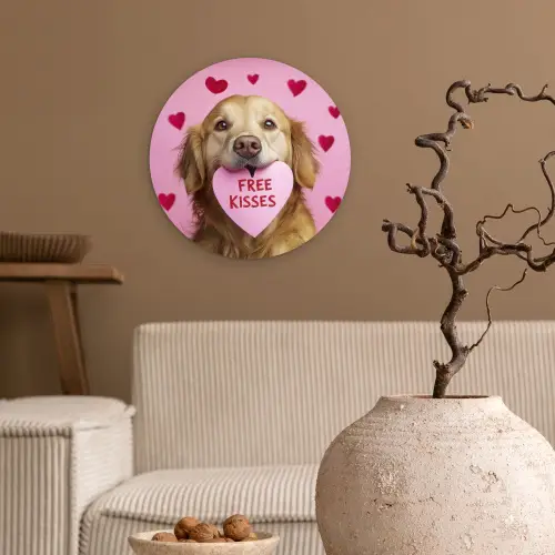 Hond - Kiss- Valentijn - Hartjes Wandcirkel kunststof plaat 5mm dik klein -sfeer1