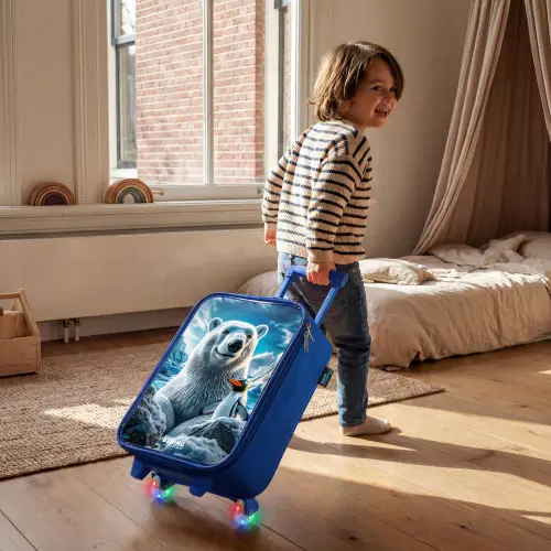 IJsbeer en pinguïn in besneeuwd berglandschap Kinderkoffer - Blauw klein -sfeer1