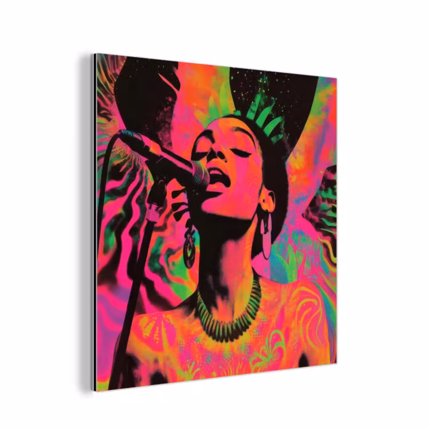 Aluminium schilderij - Vrouw - Microfoon - Neon
