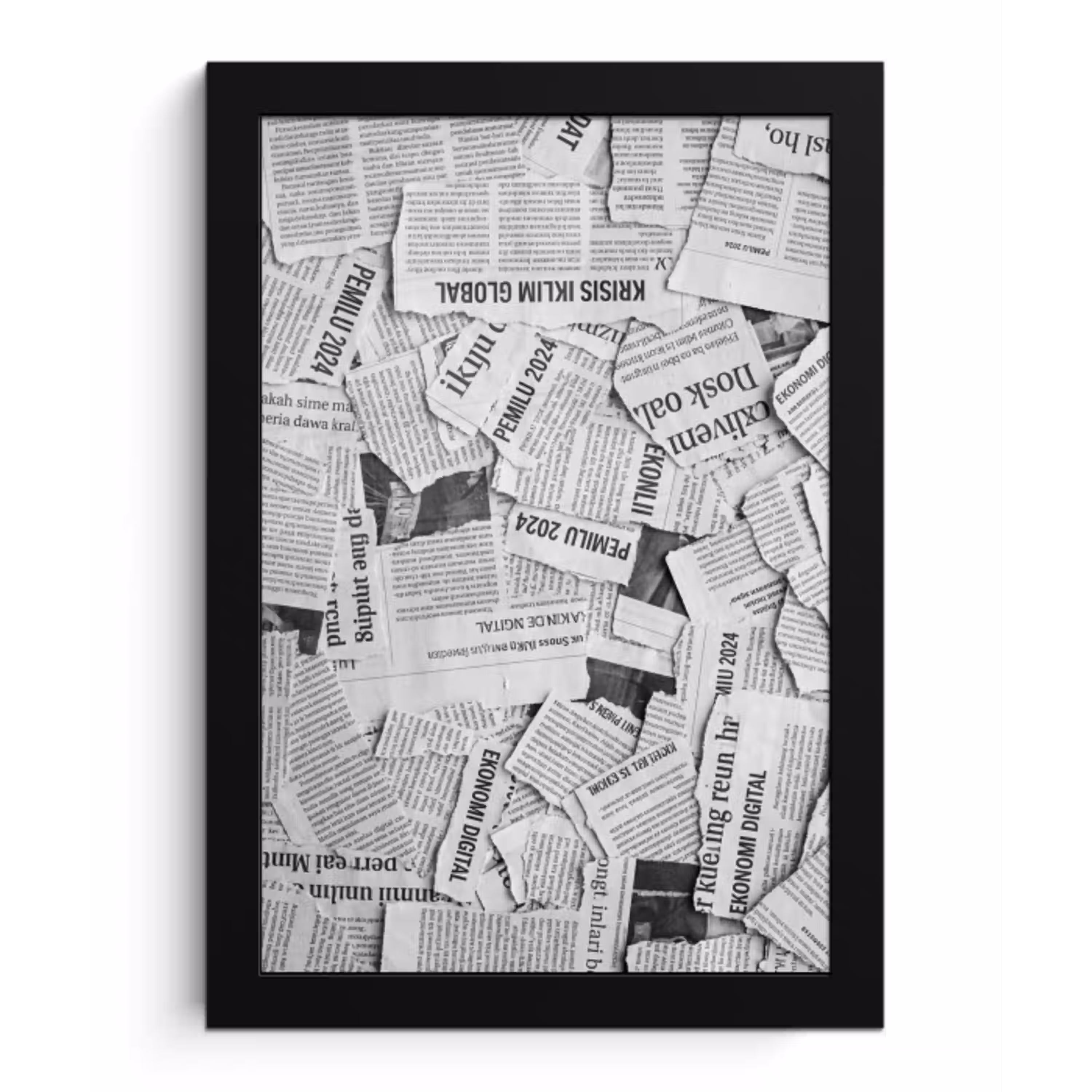 Krant - Versnipperd - Textuur - Zwart-wit - Abstract fotolijst zwart zonder passe partout klein -3d