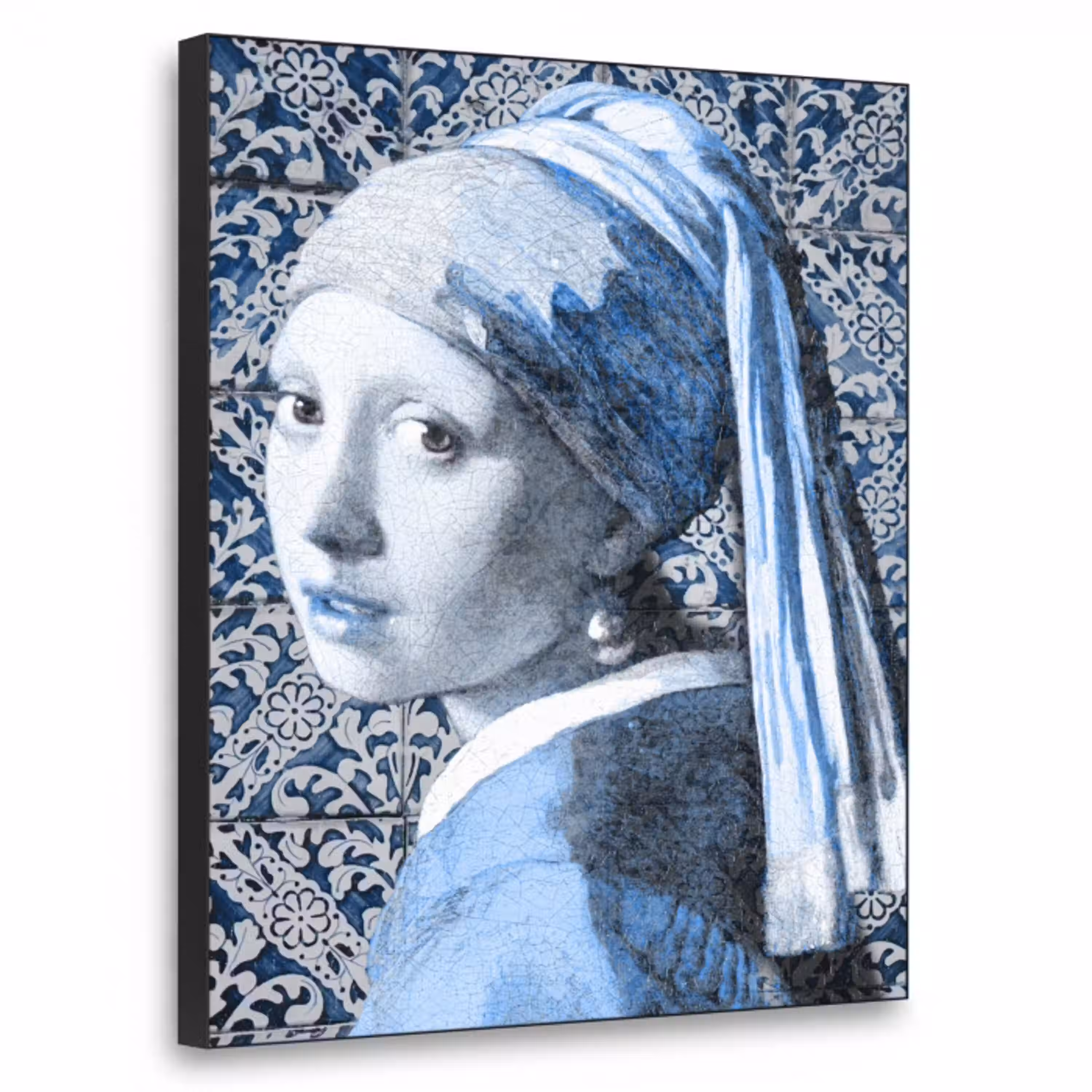 Meisje met de parel - Johannes Vermeer - Delfts blauw Textielframe zwart klein -3d