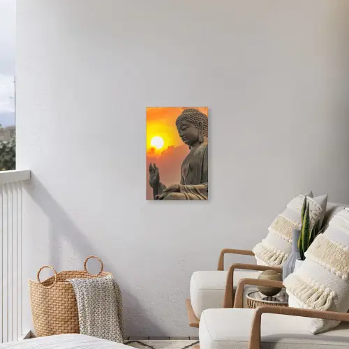 Boeddha bij zonsondergang Tuinposter op houten frame 2 cm dik klein -sfeer1