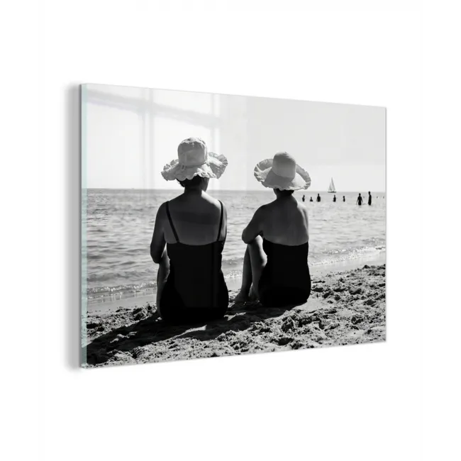 Glas schilderij - Vrouwen - Zonnehoed - Strand - Zwart - Wit