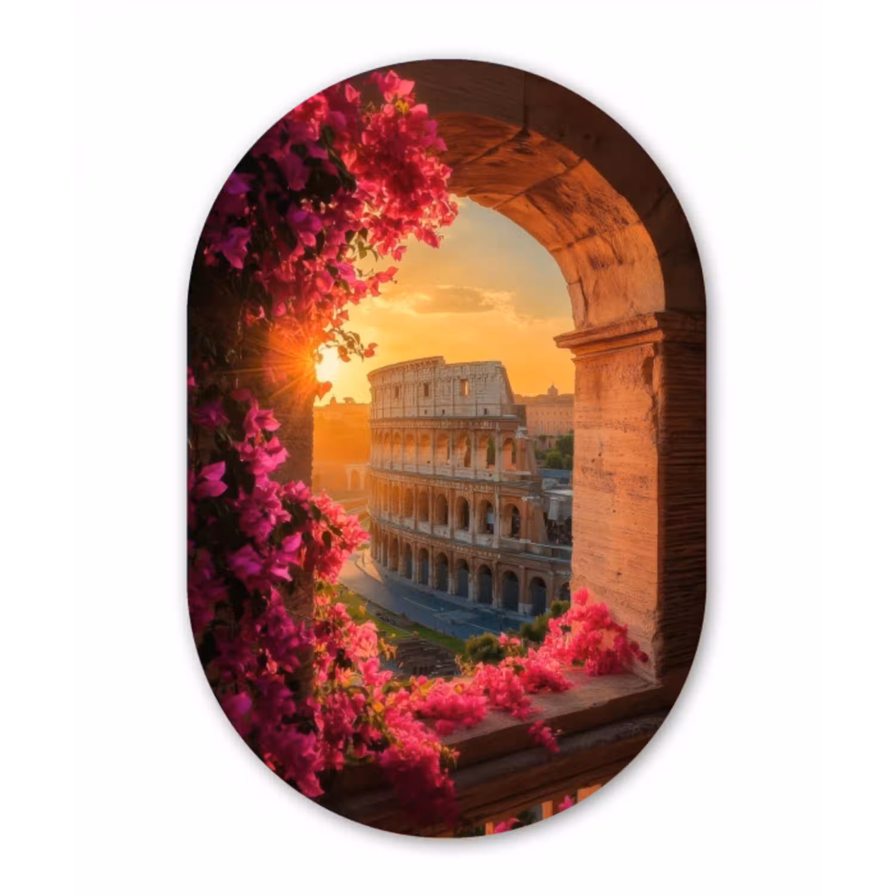 Colosseum - Rome - Roze Bloemen Wandcirkel Ovaal Glas middel -3d