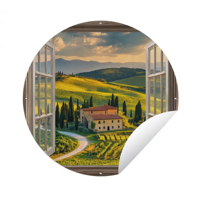 Doorkijk - Toscane - Uitzicht - Landschap - Zomer Wandcirkel tuinposter met ringen klein -3d