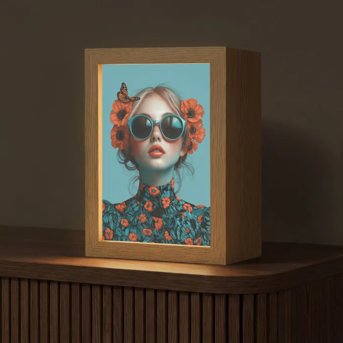 Vrouw - Blauw - Vlinder - Bloemen - Aesthetic Light Box met kabel (Tafellamp) klein -z3d_website