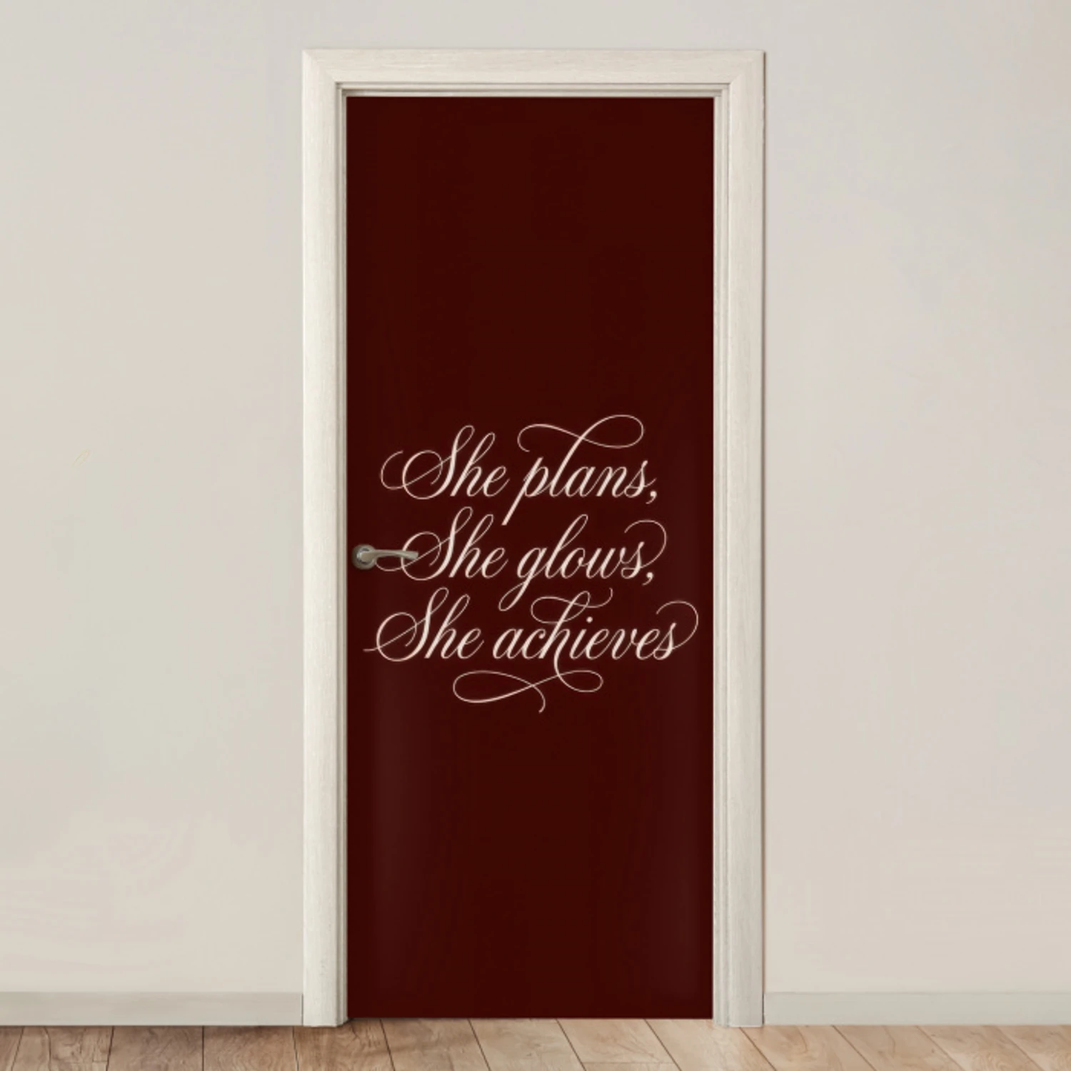 She plans she glows she achieves - Rood - Cursief deurposter klein -3d_beige