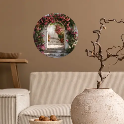 Doorkijk - Rozen - Vintage - Poort Wandcirkel behangsticker klein -sfeer1