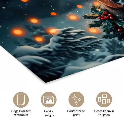 Hert - Kerst - Winter - Sneeuw - Kerstkrans poster papier klein -closeup_NL