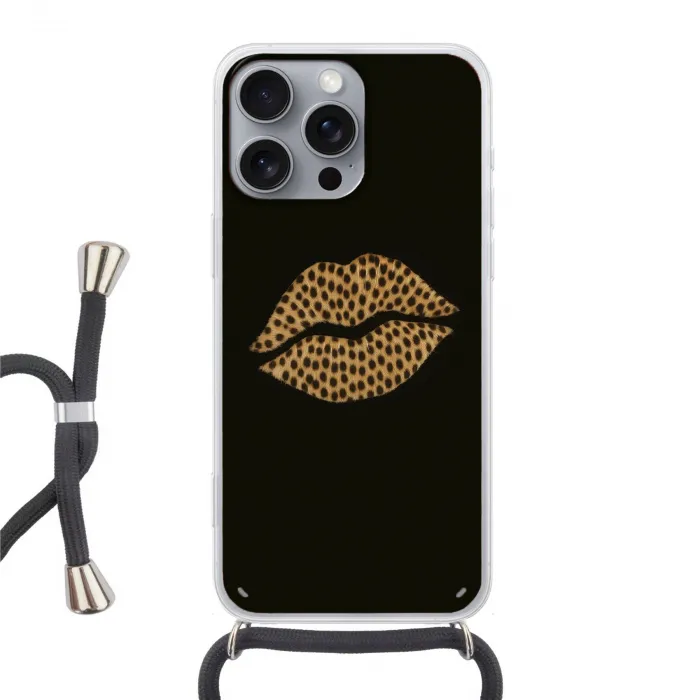 lip - Zwart - Panterprint Hoesje iPhone 16 Pro Max met koord klein -3d