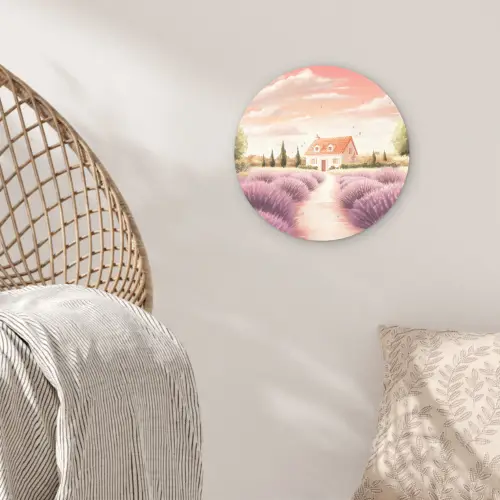 Lavendelveld - Huis - Paars Wandcirkel kunststof plaat 5mm dik klein -sfeer5