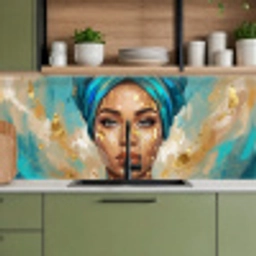 Portret - Vrouw - Schilderij - Blauw - Goud - Expressief keuken achterwand 2 middel -sfeer3