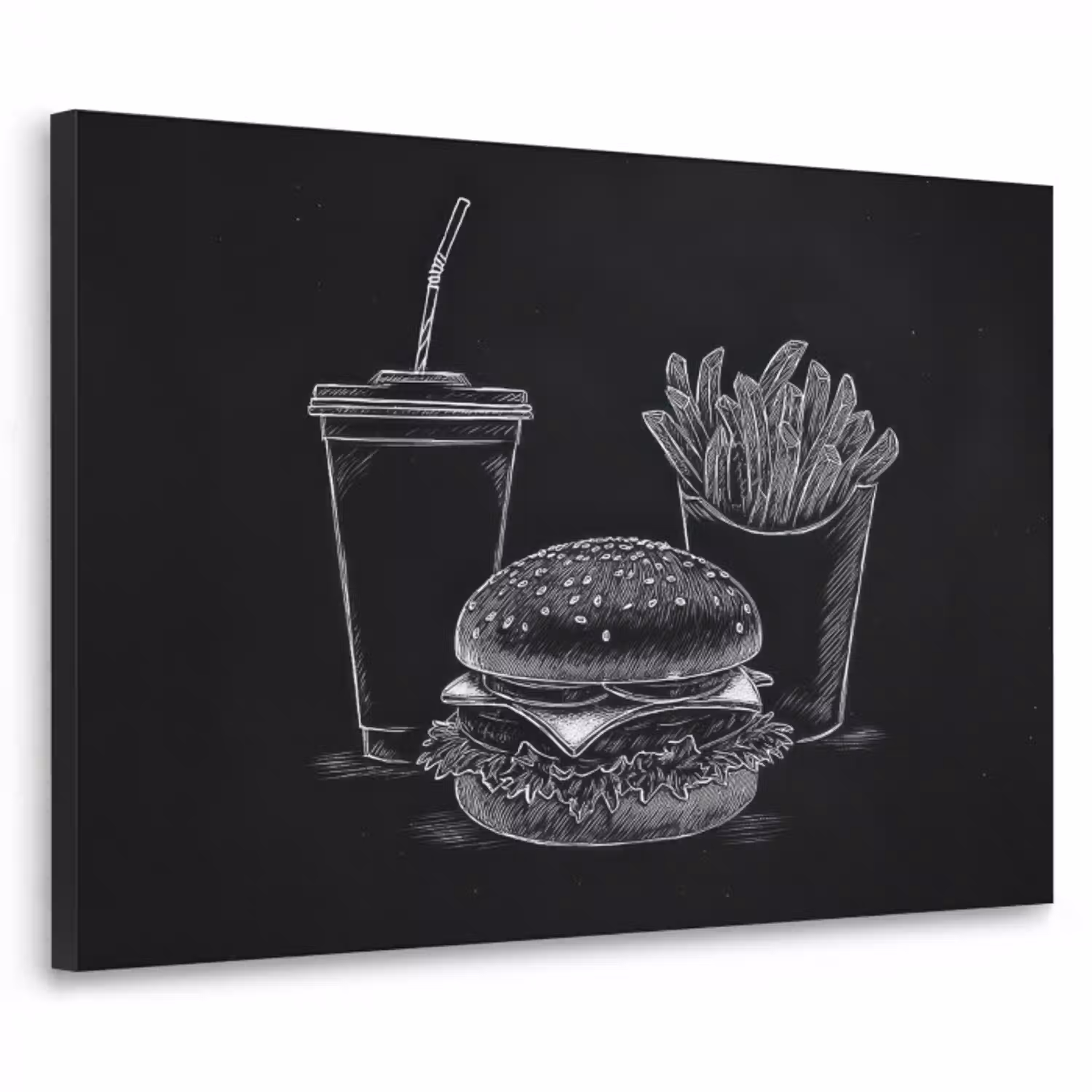 Hamburger - Friet - Frisdrank - Krijttekening Textielframe - compleet frame klein -3d