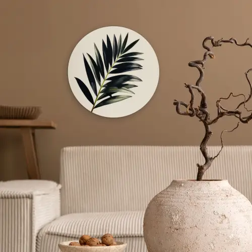 Palmblad - Subtiel - Groen - beige Wandcirkel kunststof plaat 5mm dik klein -sfeer1