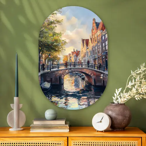 Brug - Stad - Huizen - Boot Wandcirkel Ovaal Glas middel -sfeer2