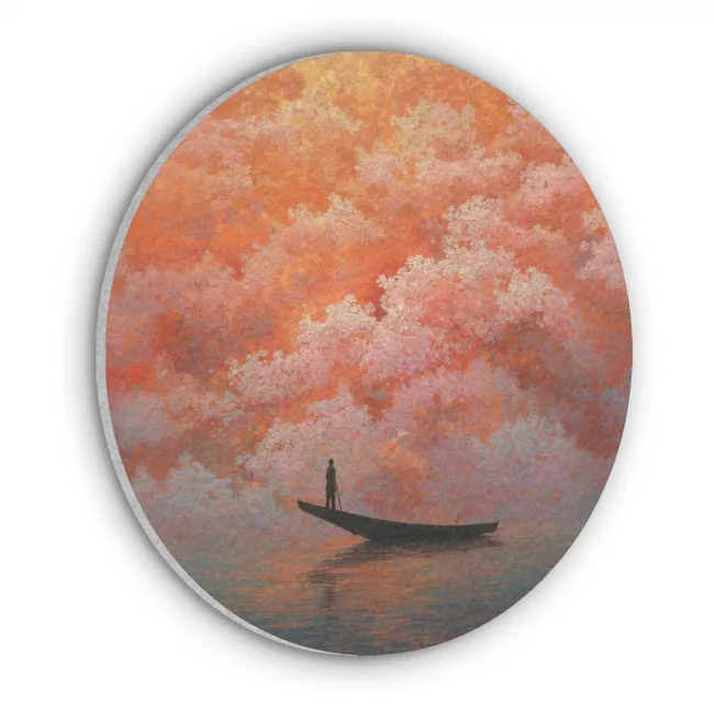 Akoestisch schilderij rond - Zee - Boot - Wolken - Oranje