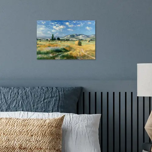 Landschap - Strobalen - Bergen - Wolken poster papier klein -sfeer2