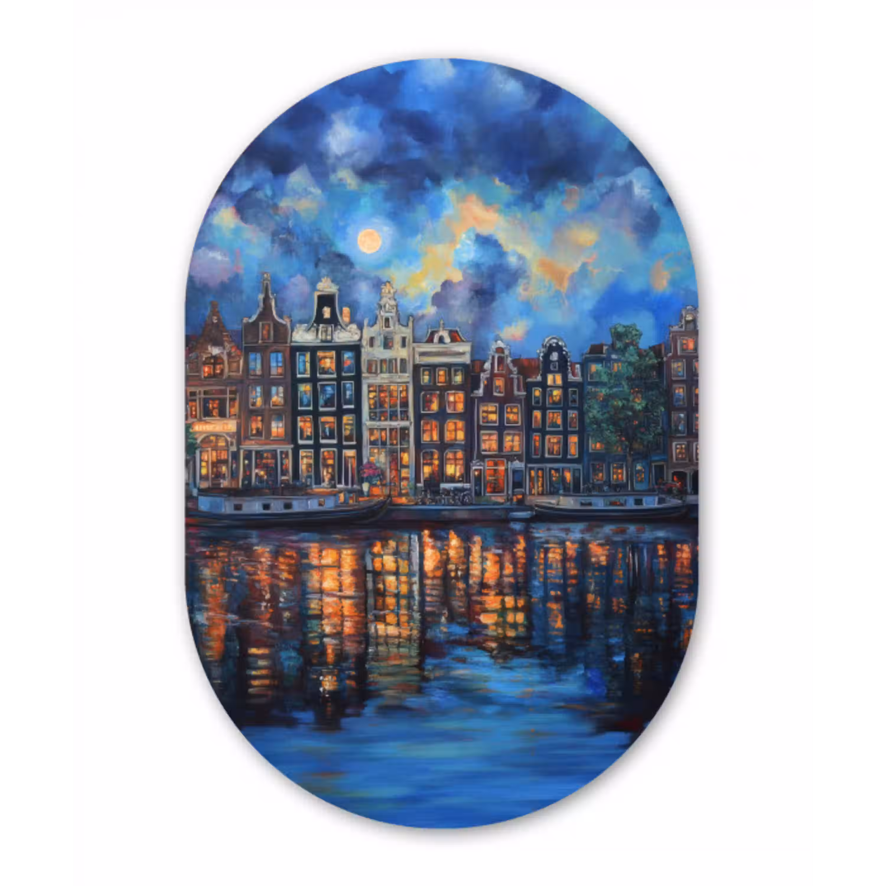 Grachten Amsterdam - Huizen - Stad - Kleurrijk Wandcirkel Ovaal Glas middel -3d