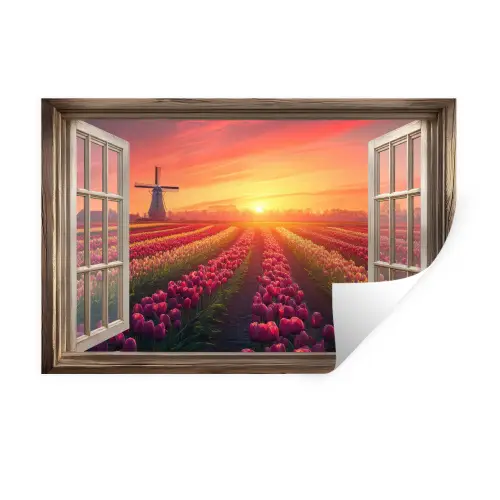 Doorkijk - Tulpen - Zonsondergang - Bloemen - Kleurrijk Muursticker klein -3d