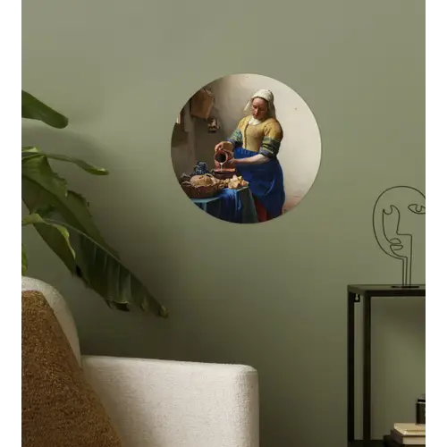 Het melkmeisje - Schilderij van Johannes Vermeer Wandcirkel behangsticker klein -sfeer2