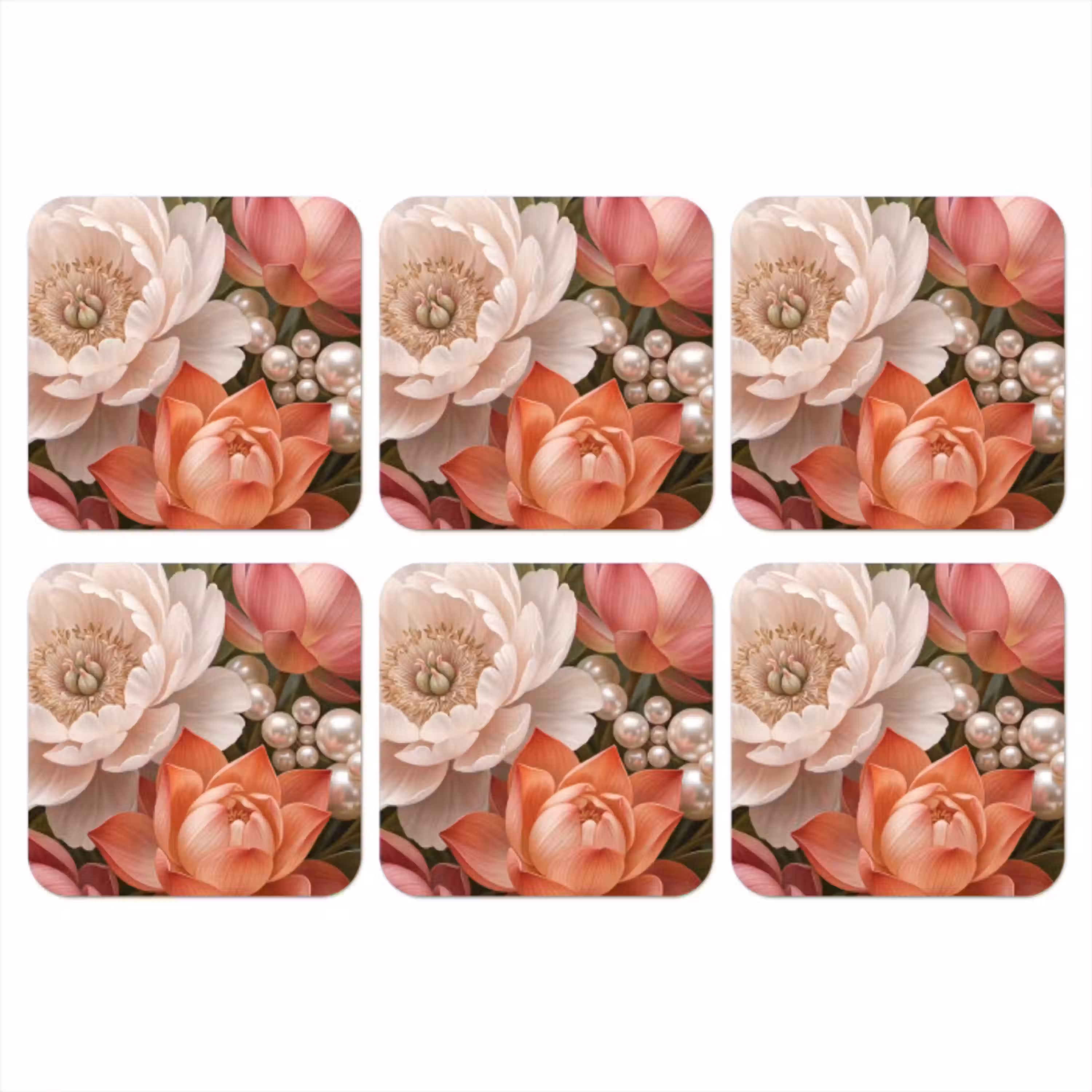 Bloemen - Parels - Elegant - Roze - Wit onderzetter kurk middel -3d