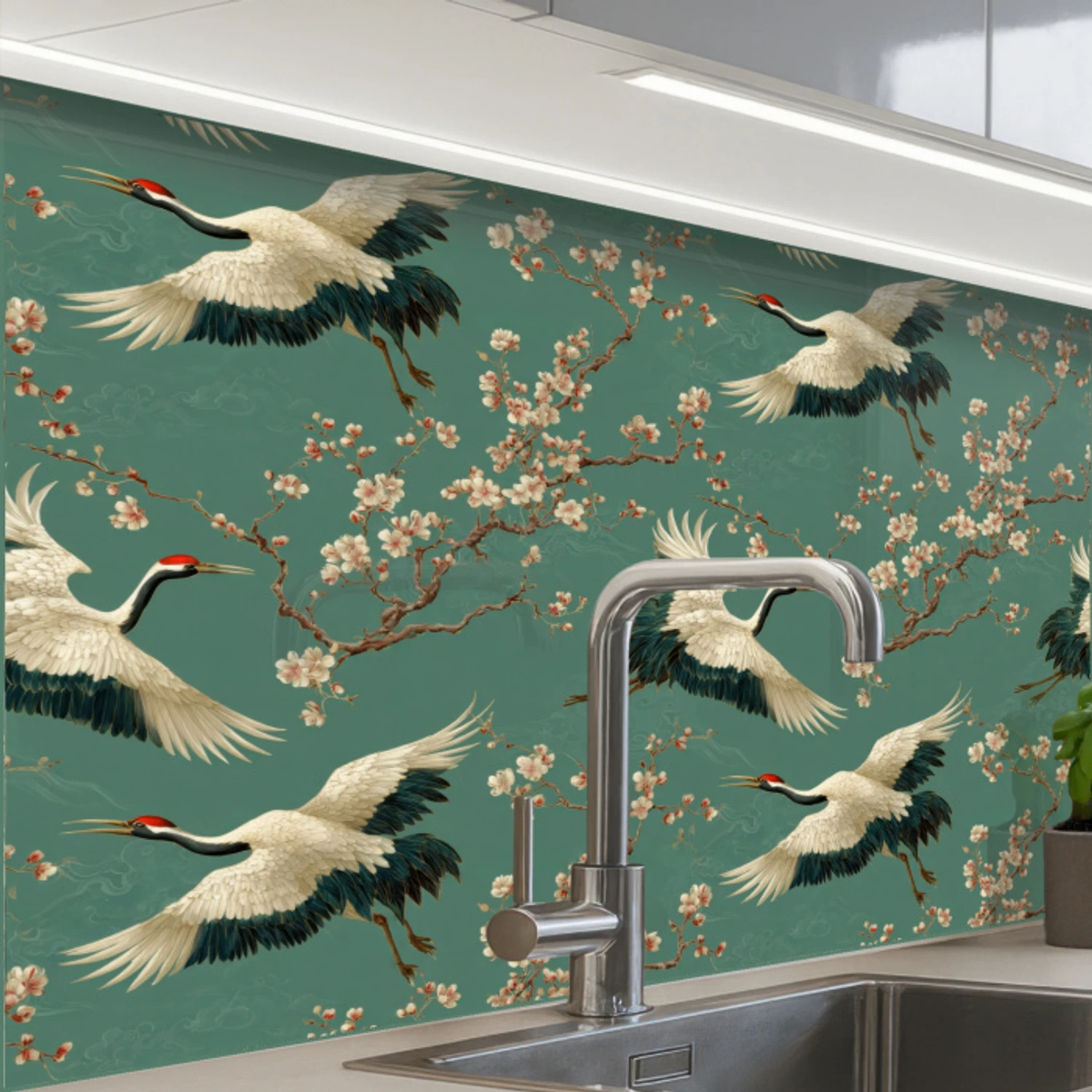 Kersenbloesem - Kraamvogels - Groen keuken achterwand 2 middel 865 -zzzz3d_schuin