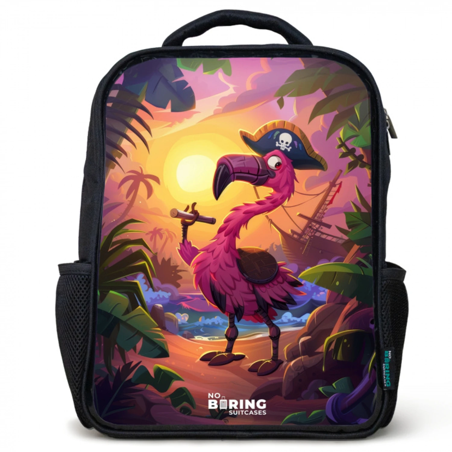 Piraten flamingo op een tropisch pad Rugzak - Zwart middel -3d