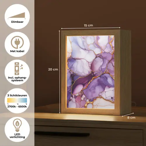 Marmer - Paars - Lila - Goud Light Box met kabel (Tafellamp) klein -USP_NL