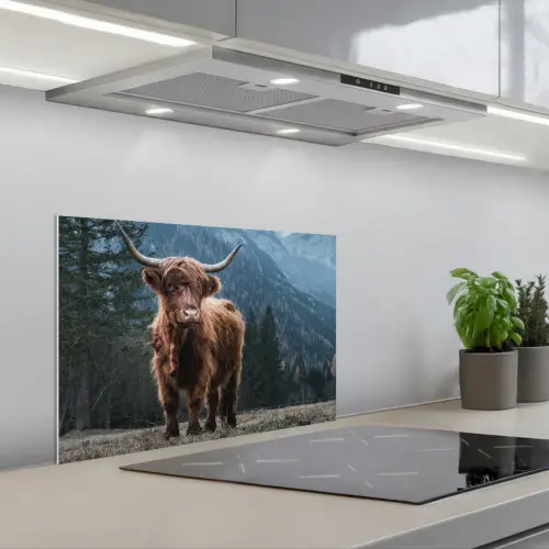 Schotse hooglander - Berg - Landschap - Bomen - Koe - Natuur keuken achterwand spatscherm klein -3d_schuin