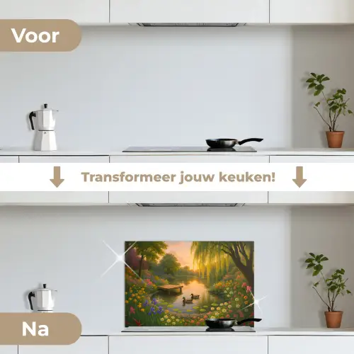 Eenden - Vijver - Bloemen keuken achterwand spatscherm klein -voor_na_NL