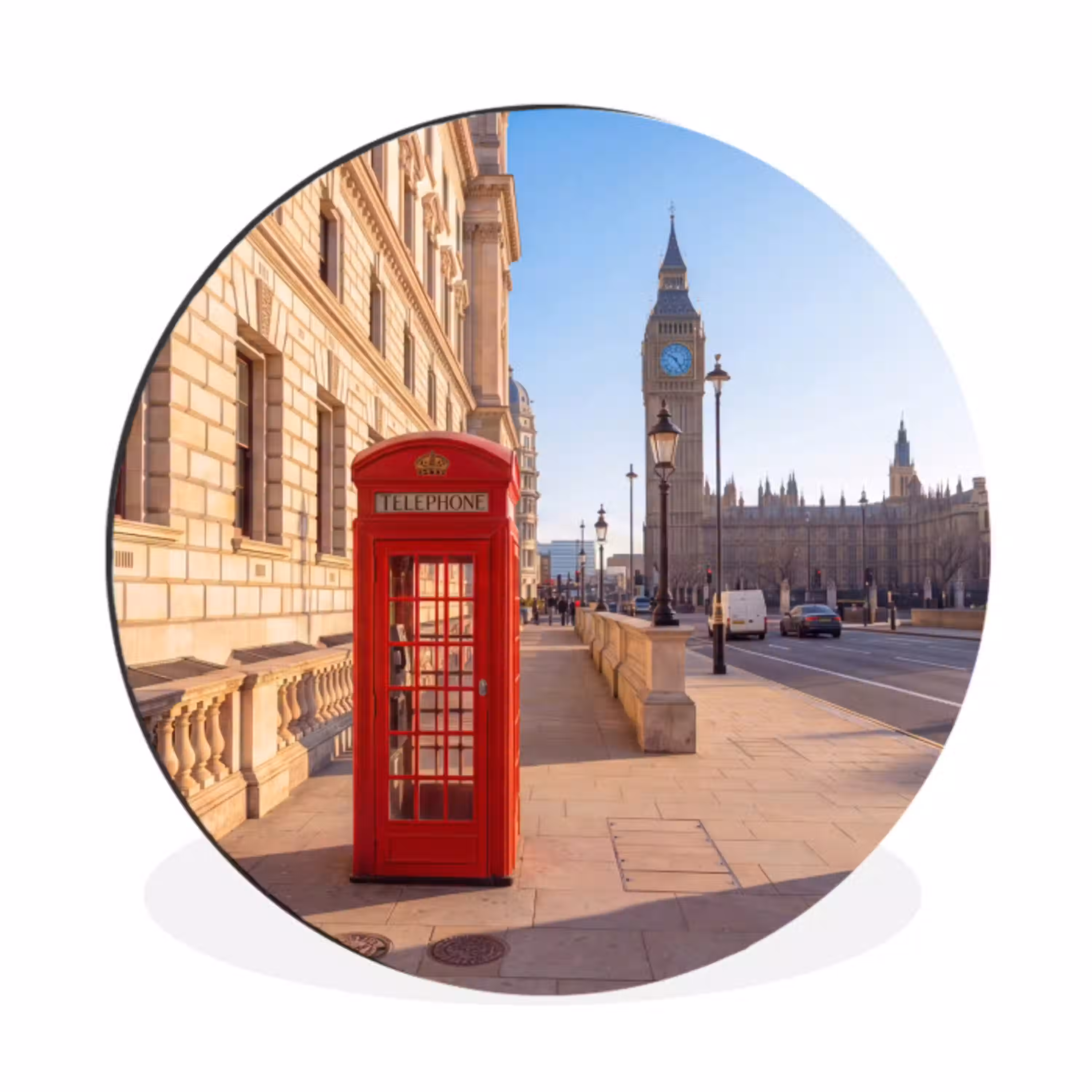 Telefooncel - Rood - Londen - Stad - Architectuur Wandcirkel aluminium klein -3d