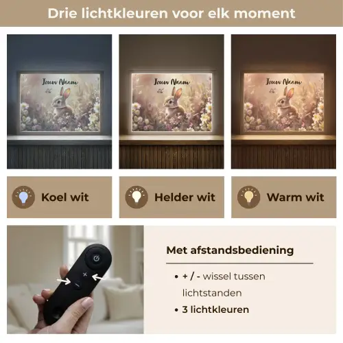 Konijntje - Bruin - Bloemen - Vlinders Light Box met batterij (Wandlamp kind) middel -USP_lichtkleurNL